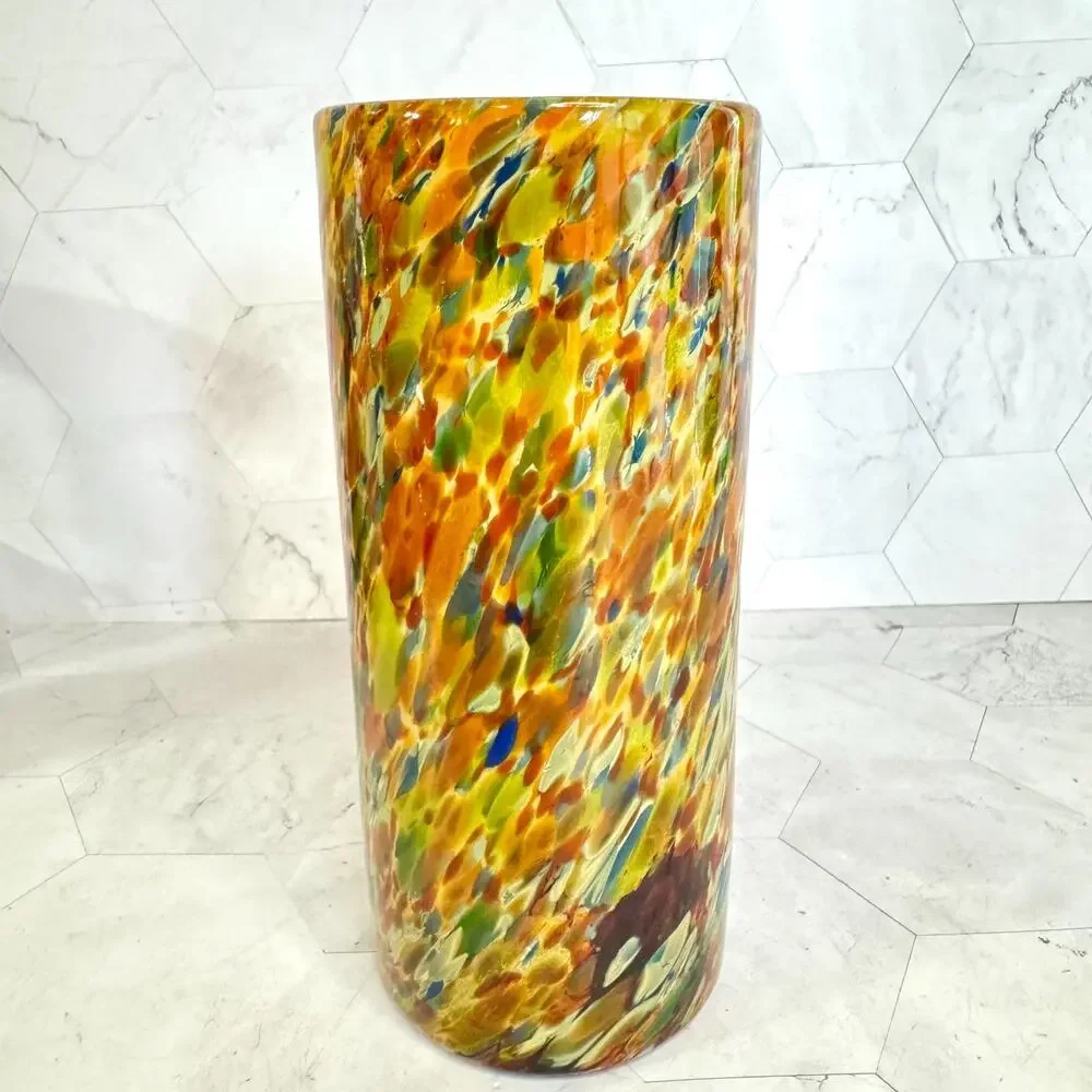 Vintage Hand Blown Art Glass Vase 7” Orange w/Multi Color Confetti Speckled